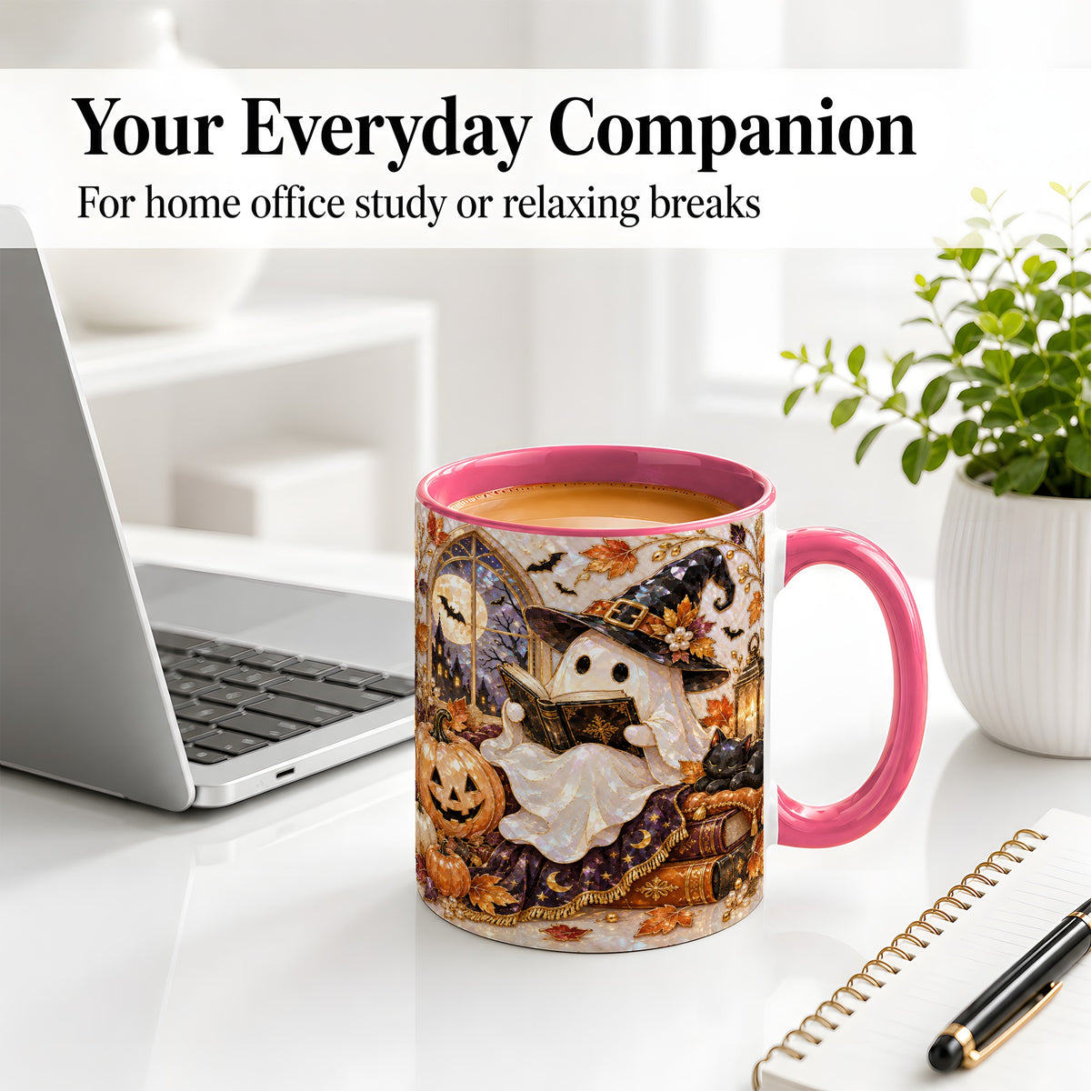 #pl[11oz|Pink] Halloween Ghost Accent Mug, Witchy Reading Art for Book Lovers