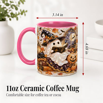 #pl[11oz|Pink] Halloween Ghost Accent Mug, Witchy Reading Art for Book Lovers