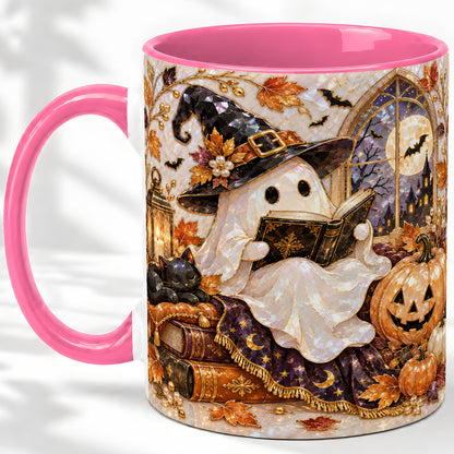 #pl[11oz|Pink] Halloween Ghost Accent Mug, Witchy Reading Art for Book Lovers