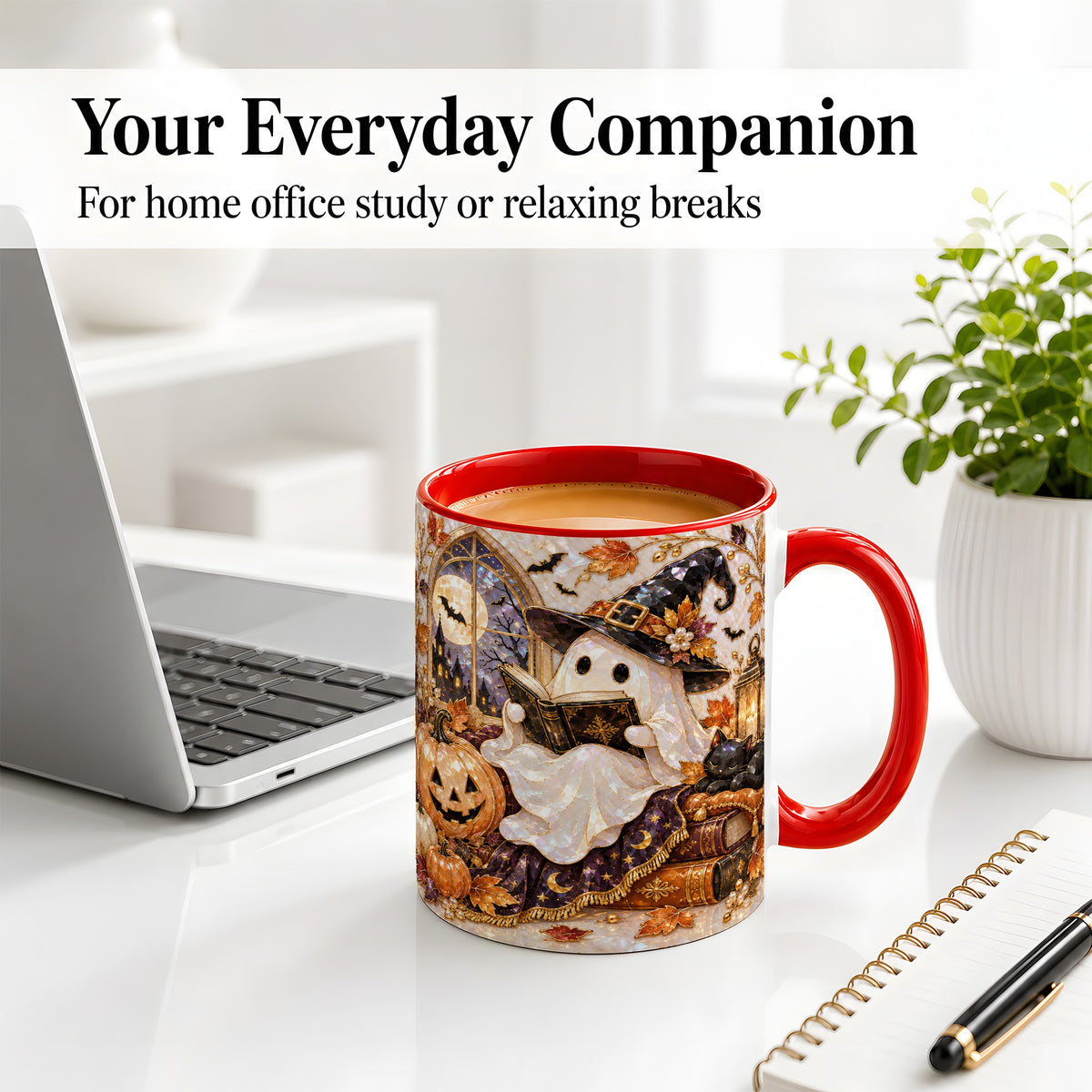 #pl[11oz|Red] Halloween Ghost Accent Mug, Witchy Reading Art for Book Lovers