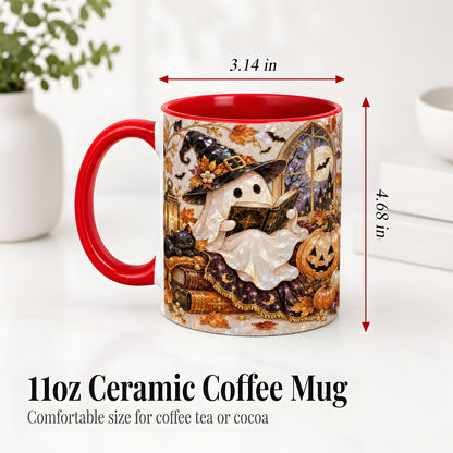 #pl[11oz|Red] Halloween Ghost Accent Mug, Witchy Reading Art for Book Lovers
