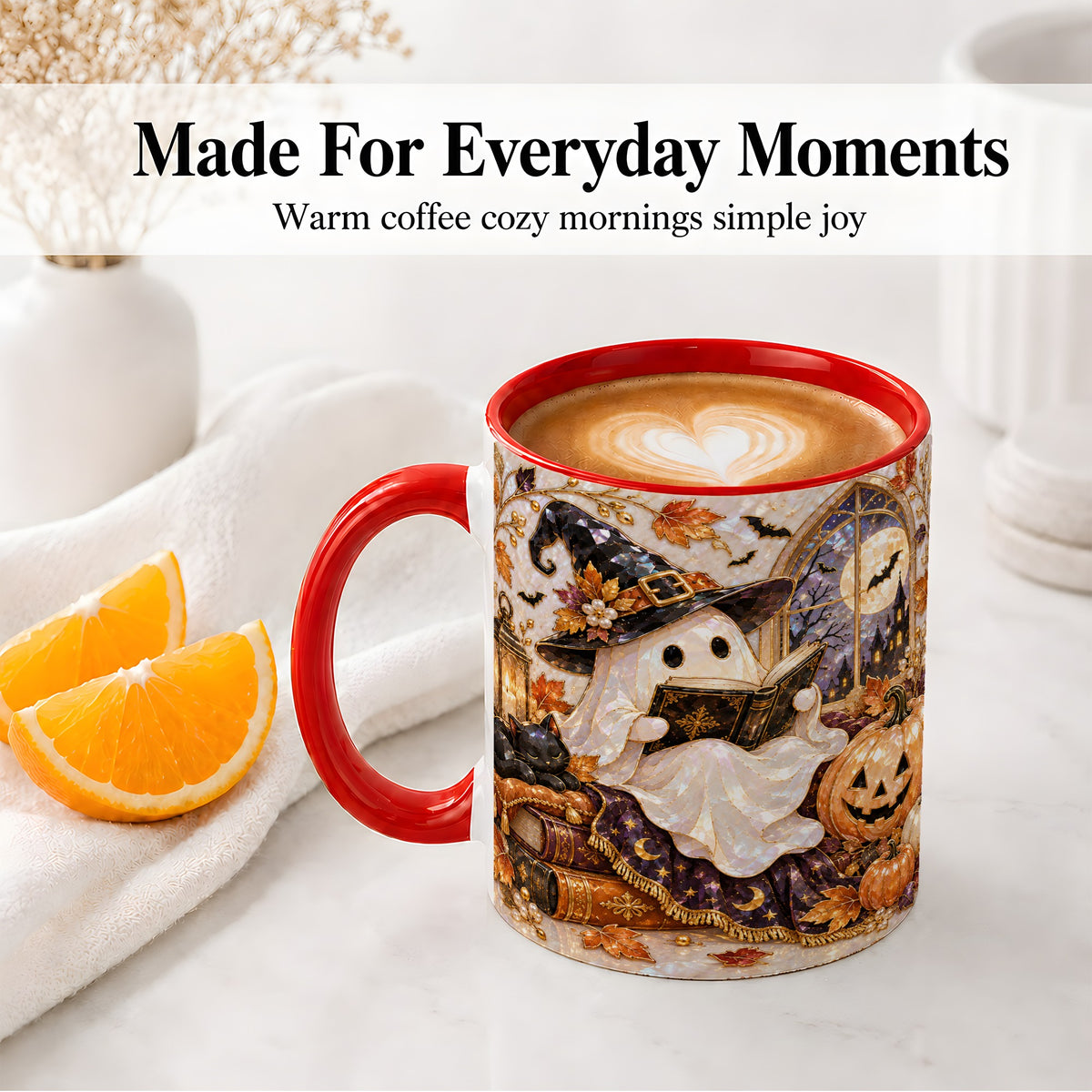 #pl[11oz|Red] Halloween Ghost Accent Mug, Witchy Reading Art for Book Lovers
