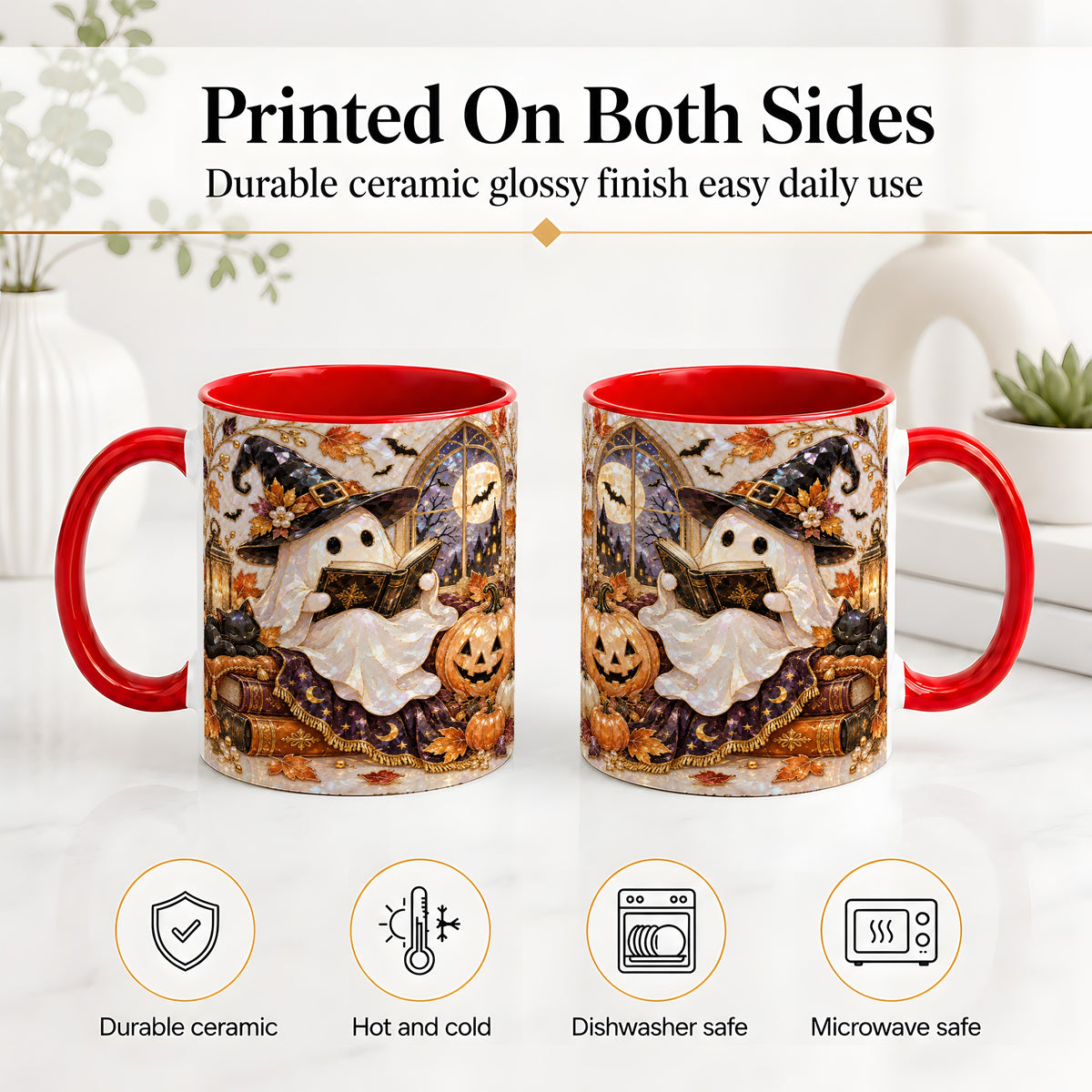 #pl[11oz|Red] Halloween Ghost Accent Mug, Witchy Reading Art for Book Lovers