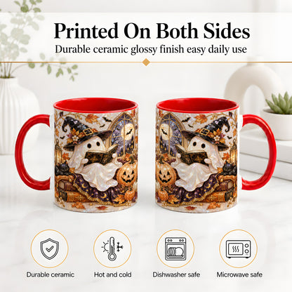 #pl[11oz|Red] Halloween Ghost Accent Mug, Witchy Reading Art for Book Lovers