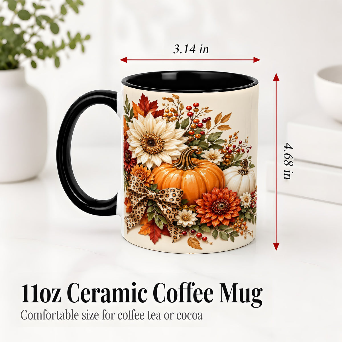 #pl[11oz|Black] Autumn Pumpkin Accent Mug, Sunflower Leopard Bow Fall Design