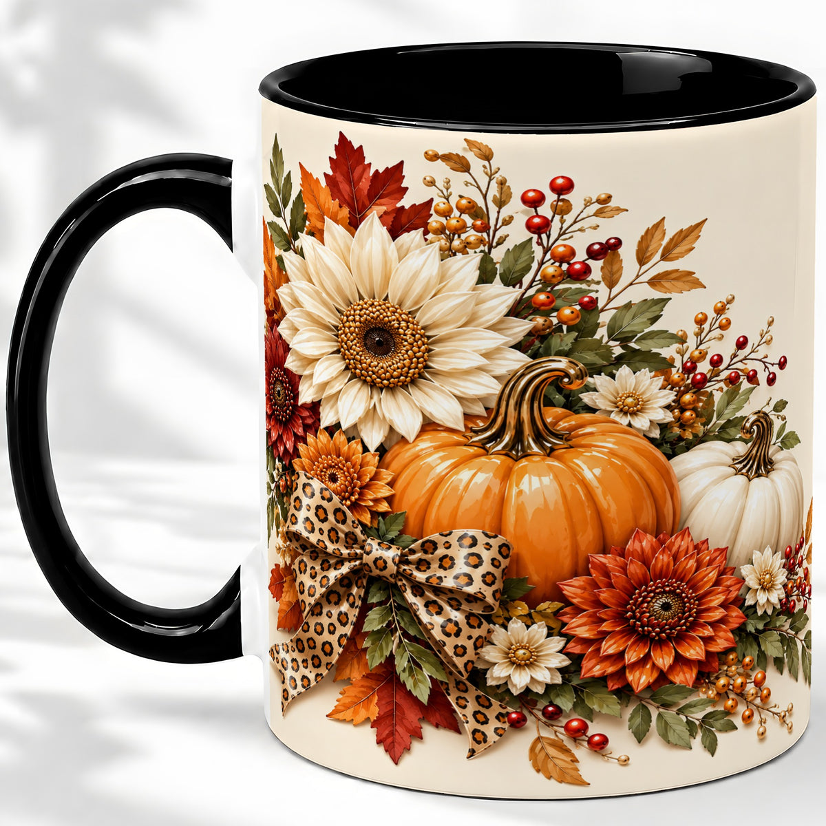 #pl[11oz|Black] Autumn Pumpkin Accent Mug, Sunflower Leopard Bow Fall Design