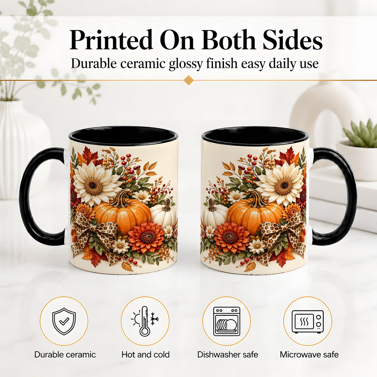 #pl[11oz|Black] Autumn Pumpkin Accent Mug, Sunflower Leopard Bow Fall Design