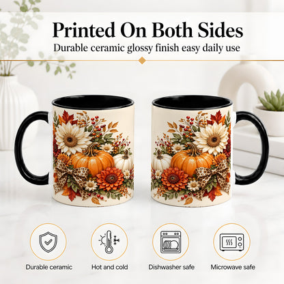 #pl[11oz|Black] Autumn Pumpkin Accent Mug, Sunflower Leopard Bow Fall Design