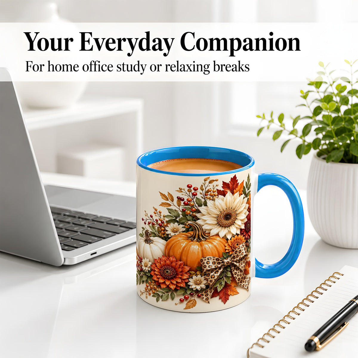 #pl[11oz|Blue] Autumn Pumpkin Accent Mug, Sunflower Leopard Bow Fall Design