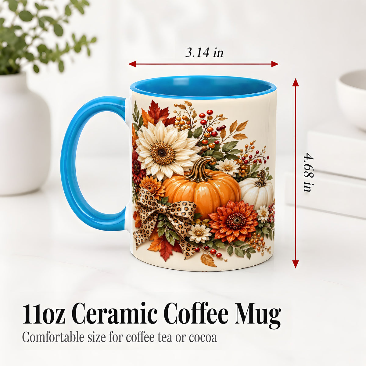 #pl[11oz|Blue] Autumn Pumpkin Accent Mug, Sunflower Leopard Bow Fall Design
