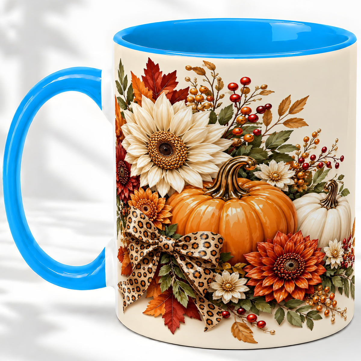 #pl[11oz|Blue] Autumn Pumpkin Accent Mug, Sunflower Leopard Bow Fall Design