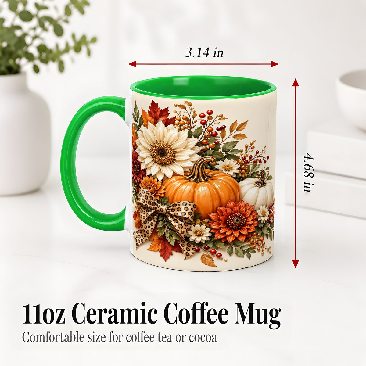 #pl[11oz|Green] Autumn Pumpkin Accent Mug, Sunflower Leopard Bow Fall Design