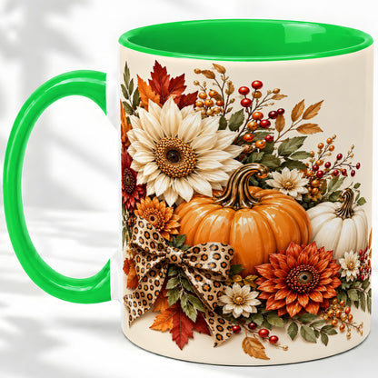 #pl[11oz|Green] Autumn Pumpkin Accent Mug, Sunflower Leopard Bow Fall Design