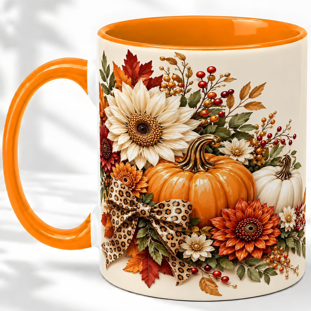 #pl[11oz|Orange] Autumn Pumpkin Accent Mug, Sunflower Leopard Bow Fall Design