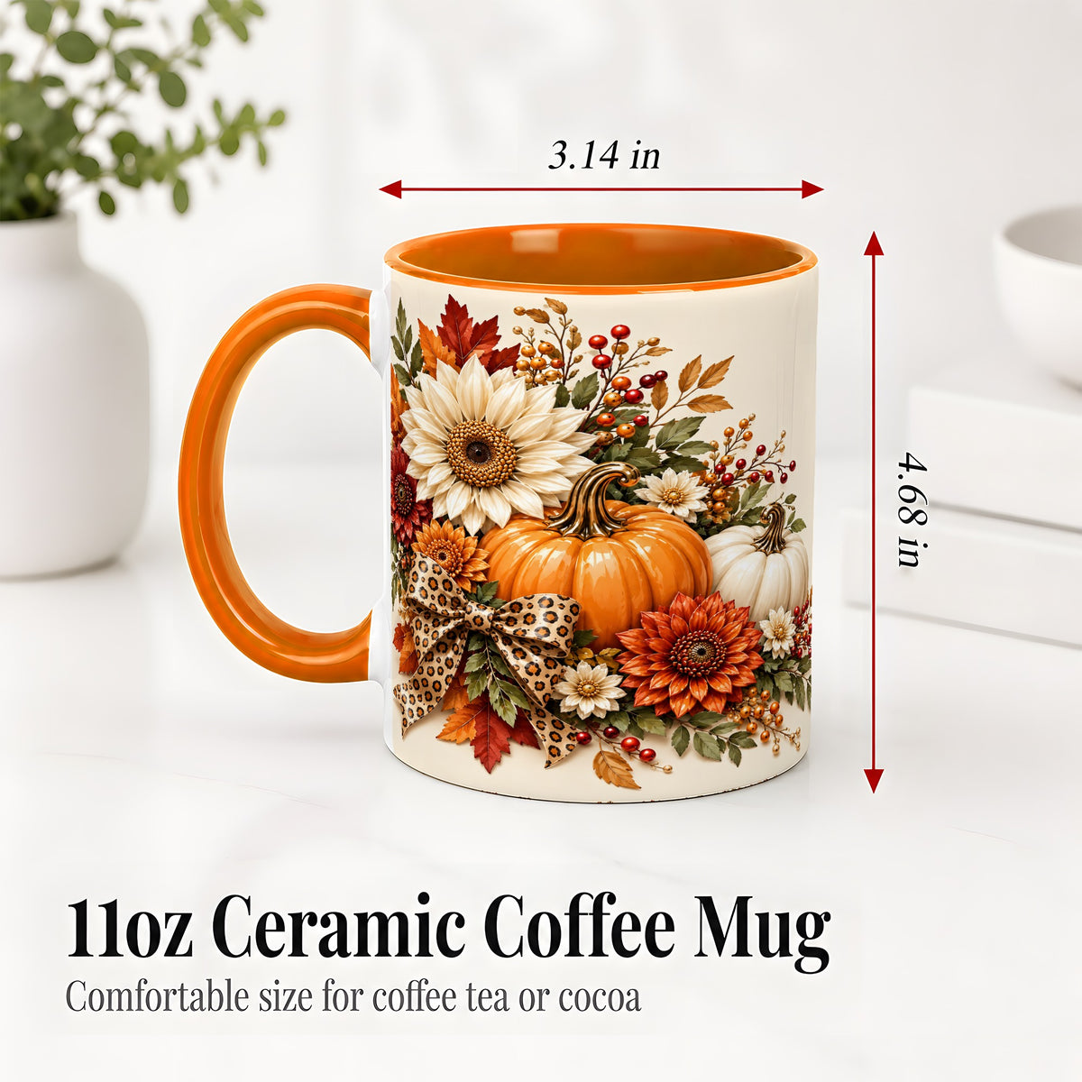#pl[11oz|Orange] Autumn Pumpkin Accent Mug, Sunflower Leopard Bow Fall Design
