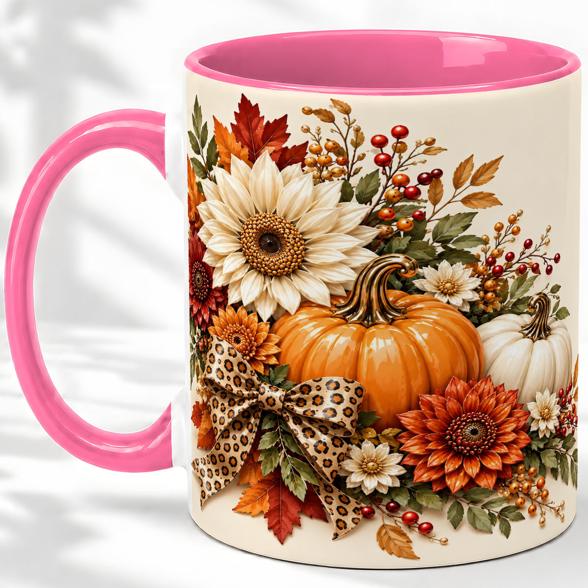 #pl[11oz|Pink] Autumn Pumpkin Accent Mug, Sunflower Leopard Bow Fall Design