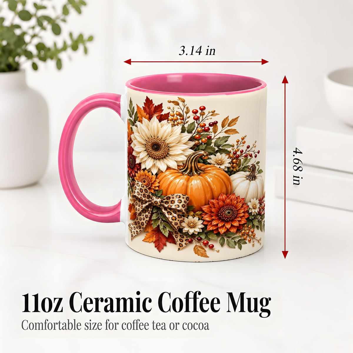 #pl[11oz|Pink] Autumn Pumpkin Accent Mug, Sunflower Leopard Bow Fall Design