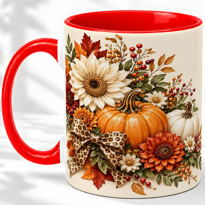 Autumn Pumpkin Accent Mug, Sunflower Leopard Bow Fall Design