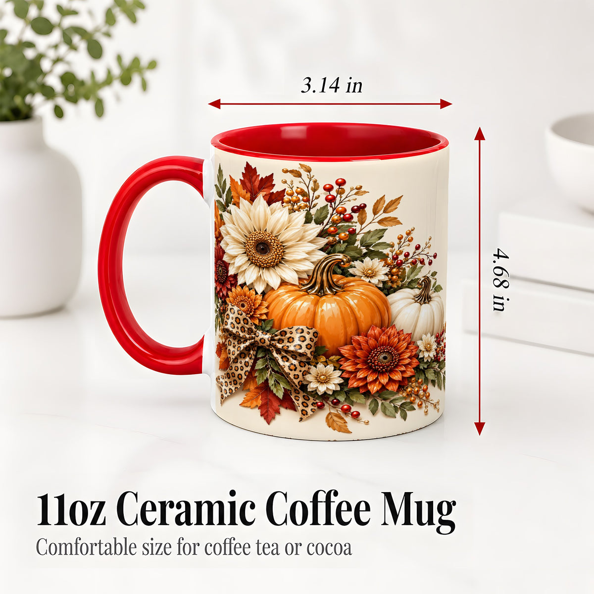 #pl[11oz|Red] Autumn Pumpkin Accent Mug, Sunflower Leopard Bow Fall Design