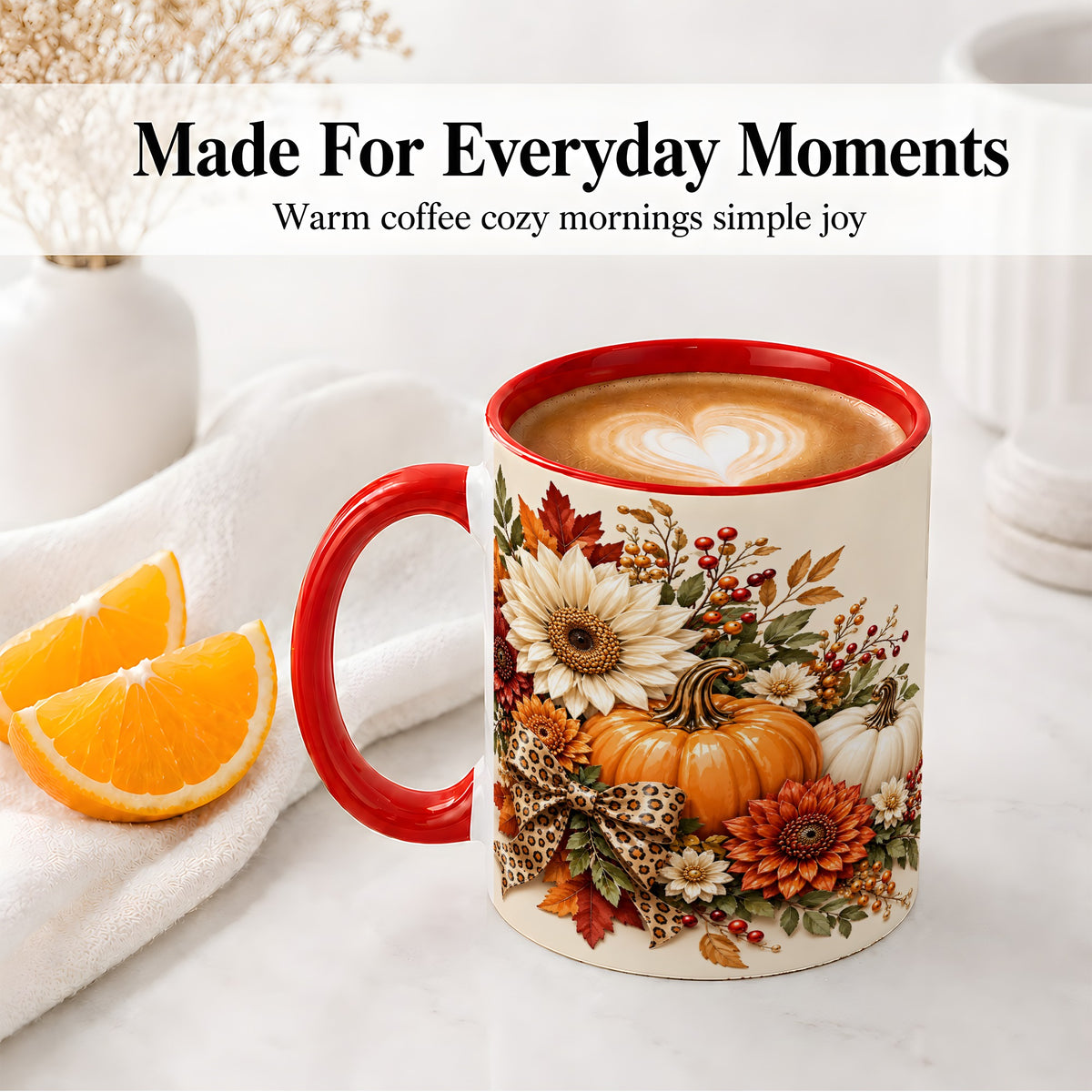 #pl[11oz|Red] Autumn Pumpkin Accent Mug, Sunflower Leopard Bow Fall Design