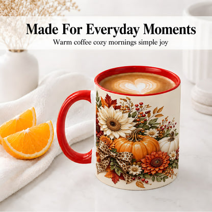 #pl[11oz|Red] Autumn Pumpkin Accent Mug, Sunflower Leopard Bow Fall Design