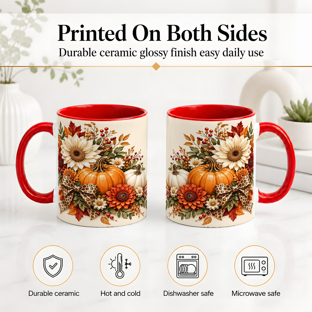 #pl[11oz|Red] Autumn Pumpkin Accent Mug, Sunflower Leopard Bow Fall Design