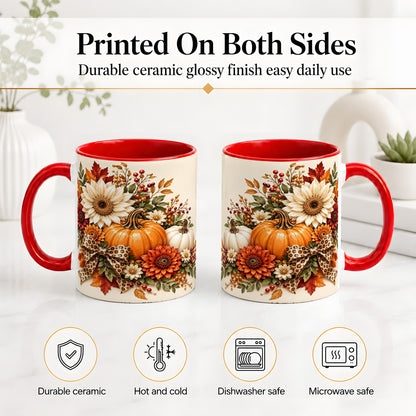 #pl[11oz|Red] Autumn Pumpkin Accent Mug, Sunflower Leopard Bow Fall Design