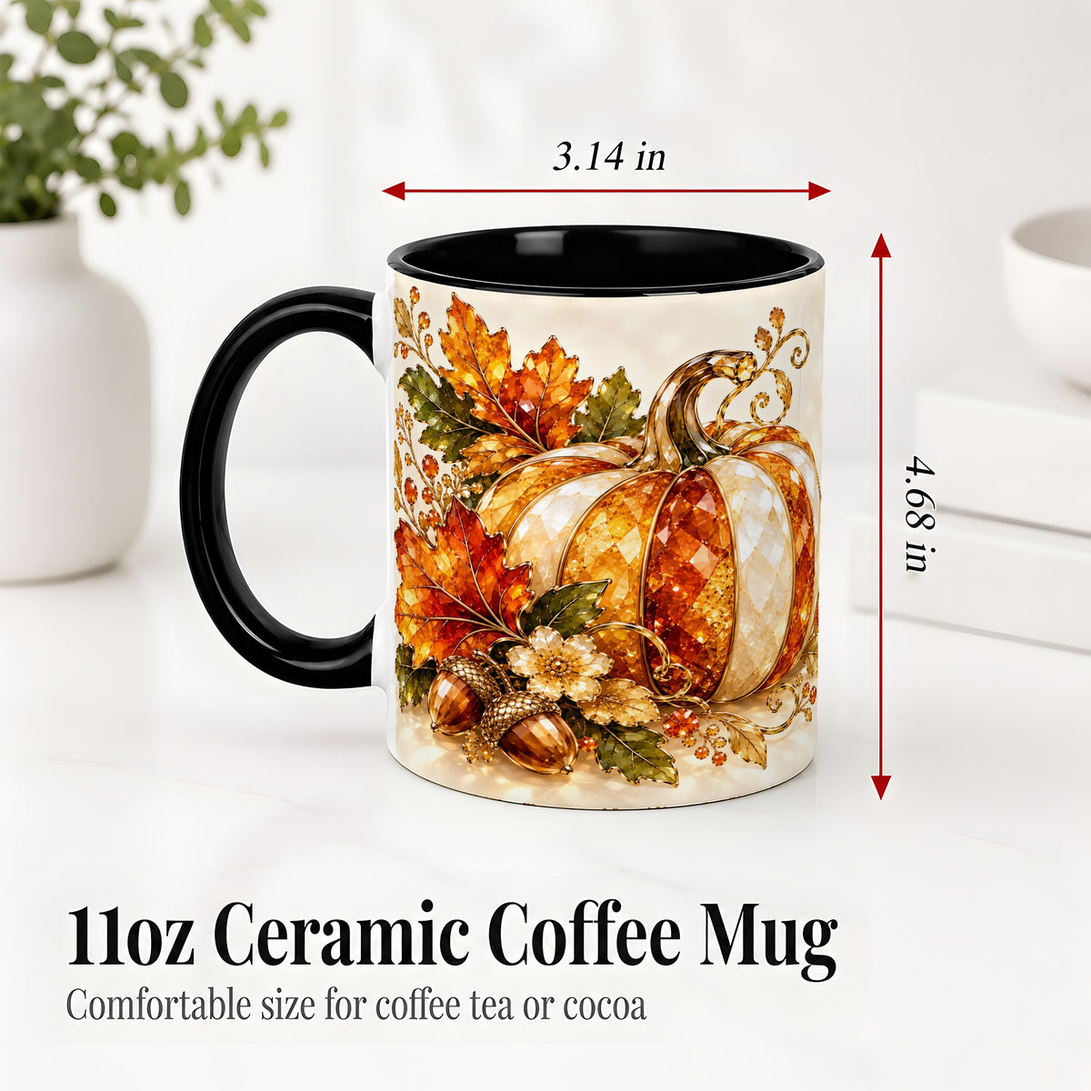 #pl[11oz|Black] Jeweled Pumpkin Accent Mug, Maple Leaf and Acorn Fall Design
