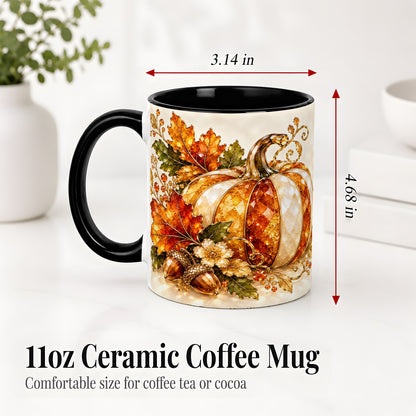 #pl[11oz|Black] Jeweled Pumpkin Accent Mug, Maple Leaf and Acorn Fall Design
