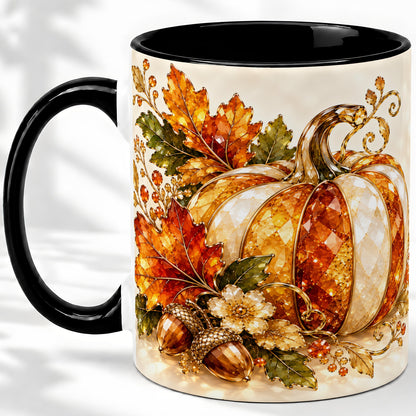 #pl[11oz|Black] Jeweled Pumpkin Accent Mug, Maple Leaf and Acorn Fall Design