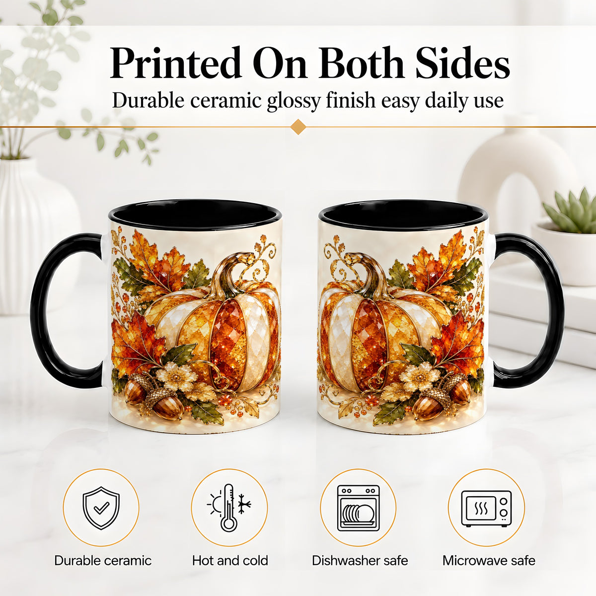 #pl[11oz|Black] Jeweled Pumpkin Accent Mug, Maple Leaf and Acorn Fall Design