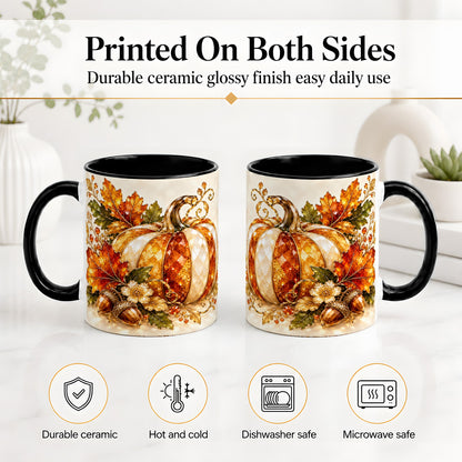 #pl[11oz|Black] Jeweled Pumpkin Accent Mug, Maple Leaf and Acorn Fall Design