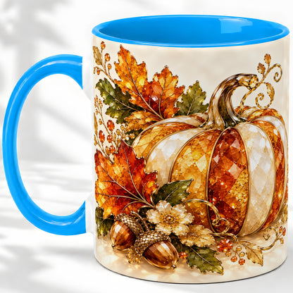 #pl[11oz|Blue] Jeweled Pumpkin Accent Mug, Maple Leaf and Acorn Fall Design