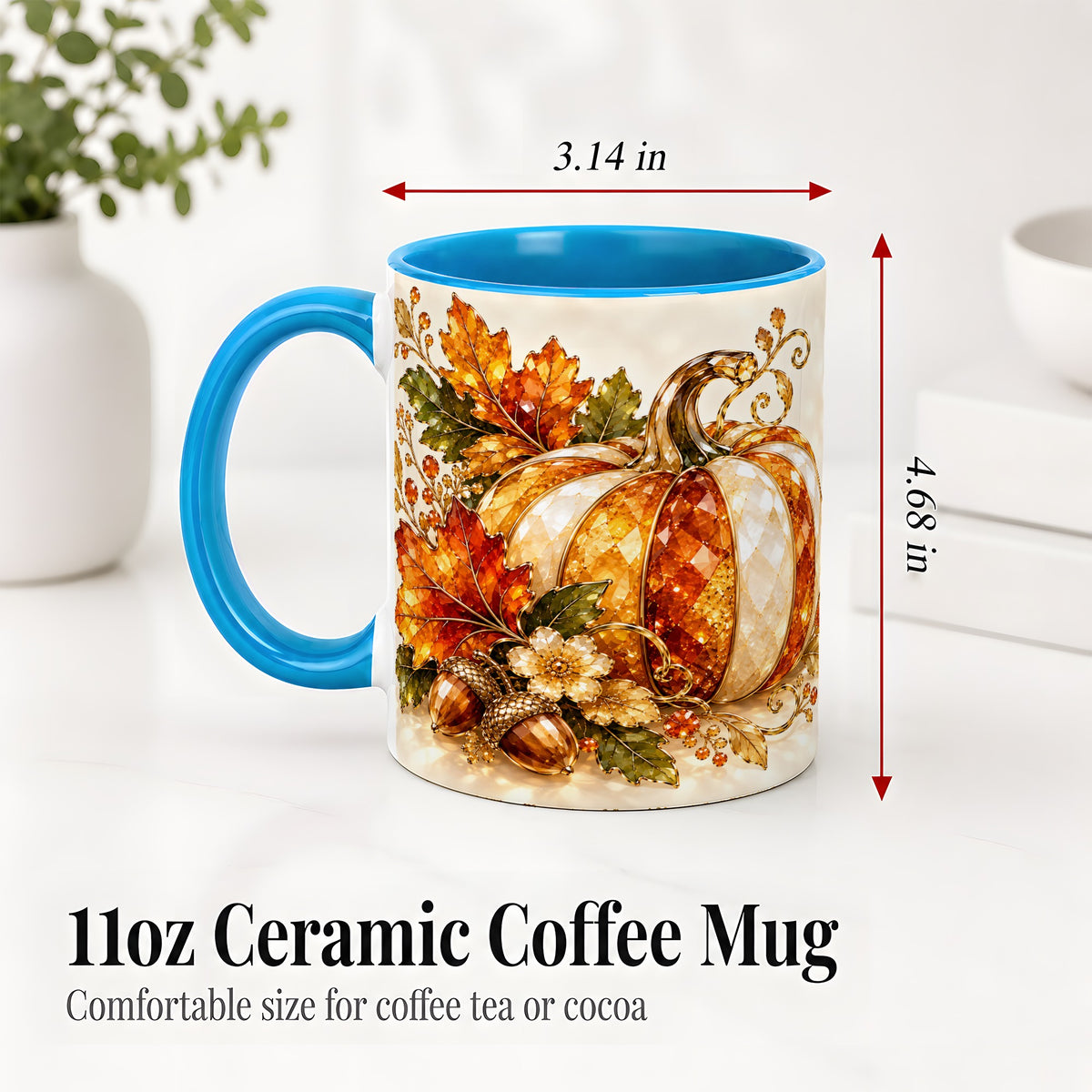 #pl[11oz|Blue] Jeweled Pumpkin Accent Mug, Maple Leaf and Acorn Fall Design