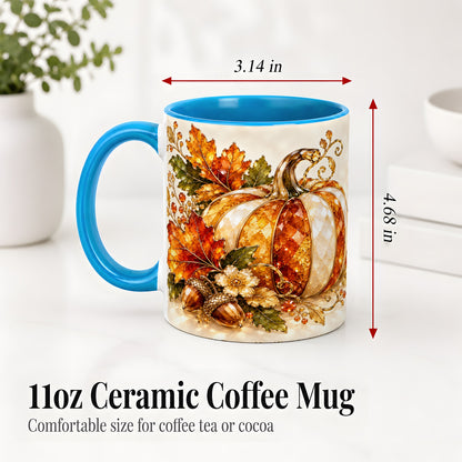 #pl[11oz|Blue] Jeweled Pumpkin Accent Mug, Maple Leaf and Acorn Fall Design