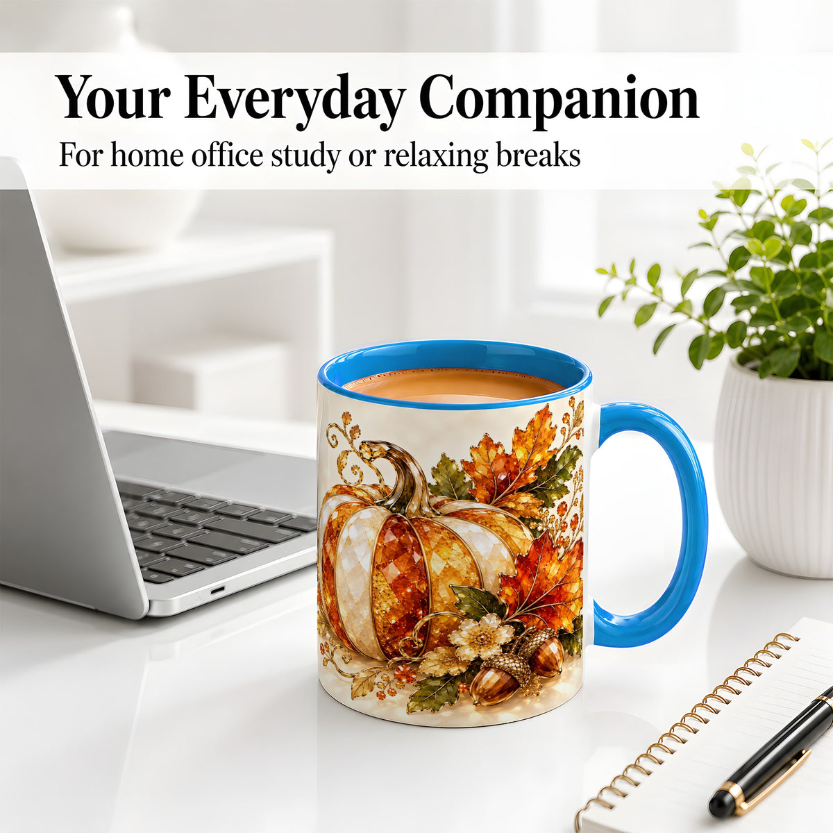 #pl[11oz|Blue] Jeweled Pumpkin Accent Mug, Maple Leaf and Acorn Fall Design