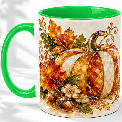 #pl[11oz|Green] Jeweled Pumpkin Accent Mug, Maple Leaf and Acorn Fall Design