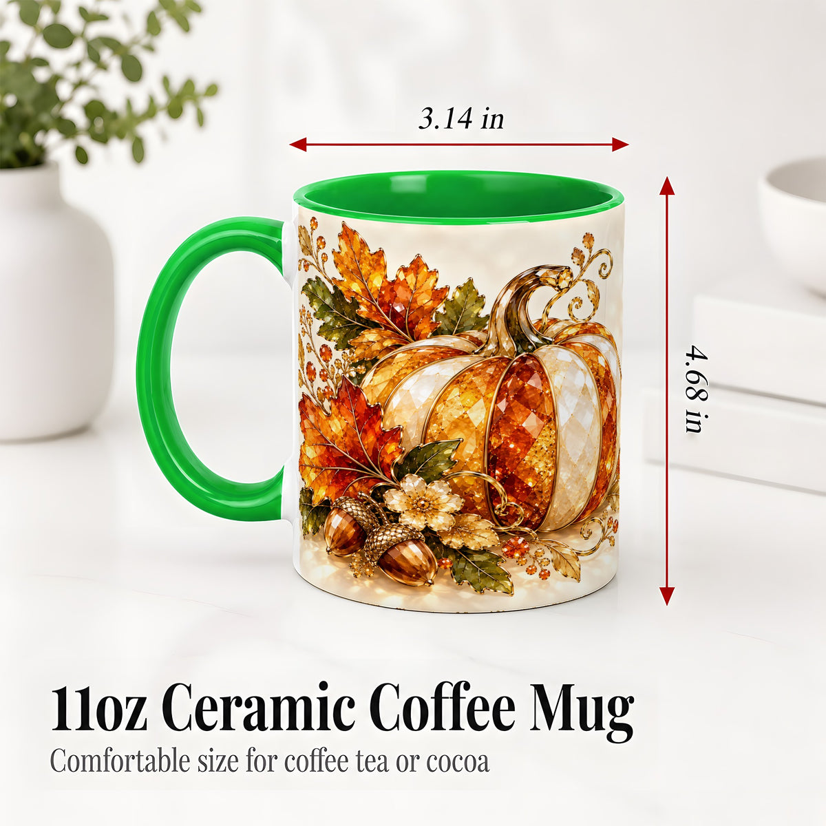 #pl[11oz|Green] Jeweled Pumpkin Accent Mug, Maple Leaf and Acorn Fall Design