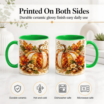 #pl[11oz|Green] Jeweled Pumpkin Accent Mug, Maple Leaf and Acorn Fall Design