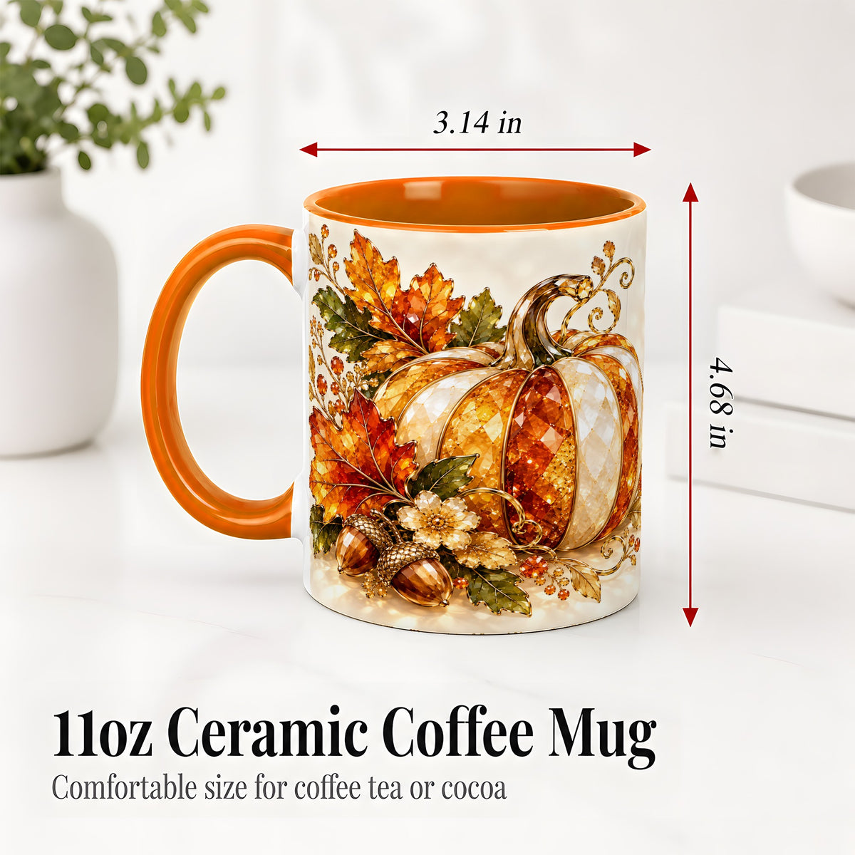 #pl[11oz|Orange] Jeweled Pumpkin Accent Mug, Maple Leaf and Acorn Fall Design