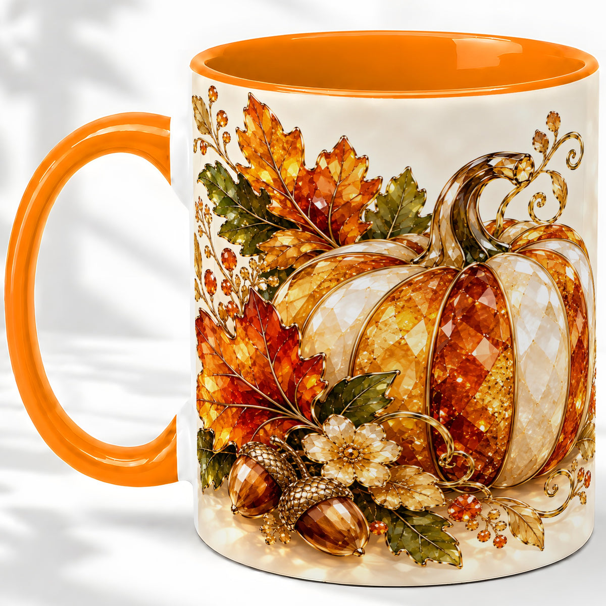 #pl[11oz|Orange] Jeweled Pumpkin Accent Mug, Maple Leaf and Acorn Fall Design