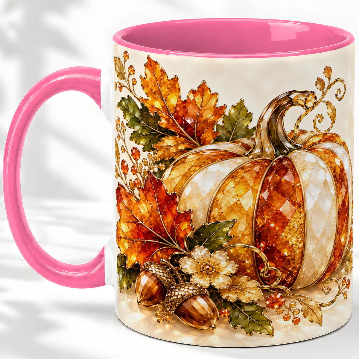 #pl[11oz|Pink] Jeweled Pumpkin Accent Mug, Maple Leaf and Acorn Fall Design
