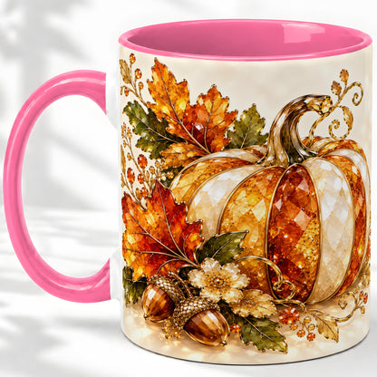 #pl[11oz|Pink] Jeweled Pumpkin Accent Mug, Maple Leaf and Acorn Fall Design