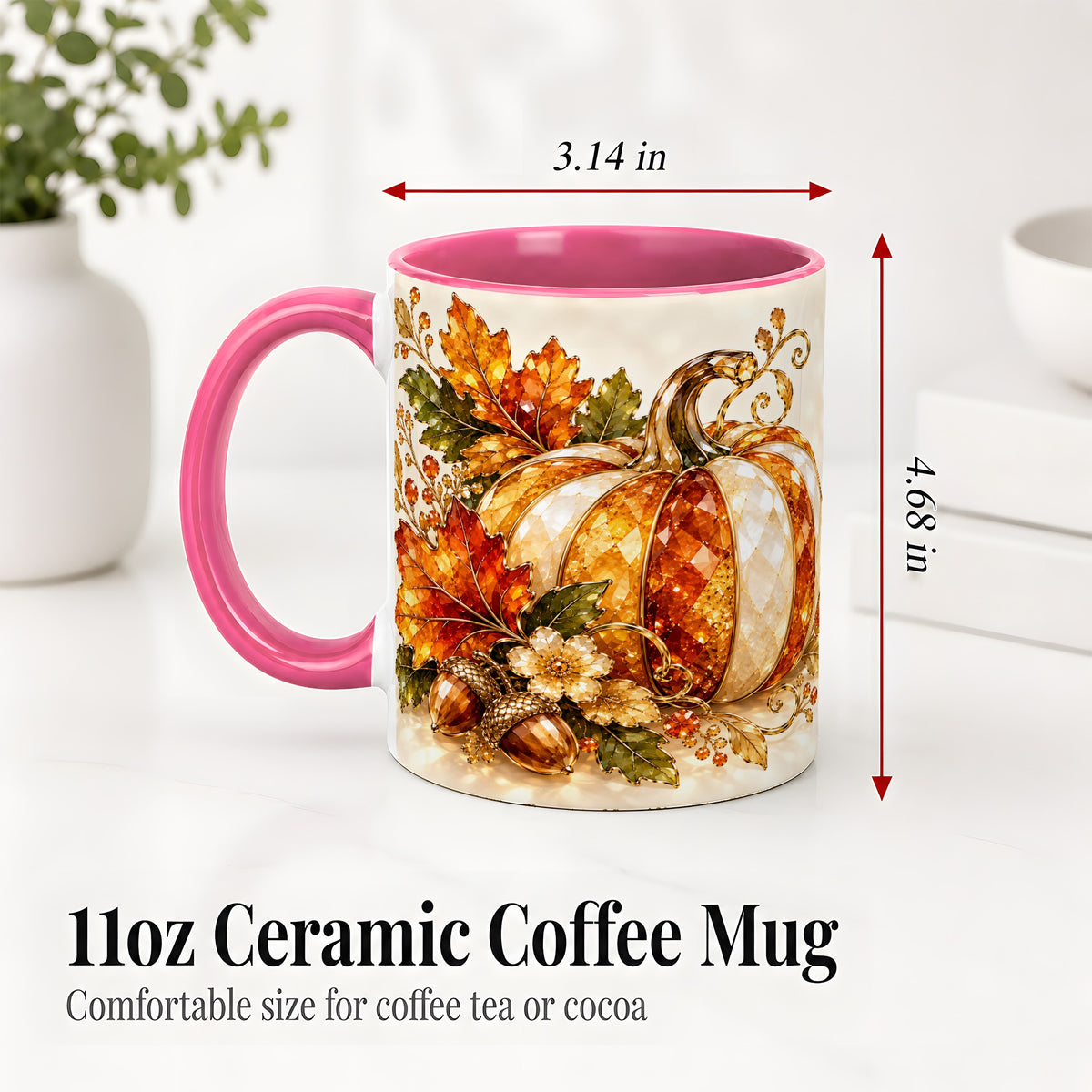 #pl[11oz|Pink] Jeweled Pumpkin Accent Mug, Maple Leaf and Acorn Fall Design