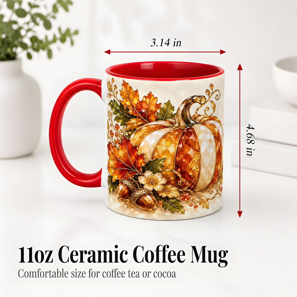#pl[11oz|Red] Jeweled Pumpkin Accent Mug, Maple Leaf and Acorn Fall Design