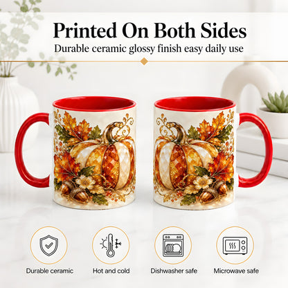 #pl[11oz|Red] Jeweled Pumpkin Accent Mug, Maple Leaf and Acorn Fall Design