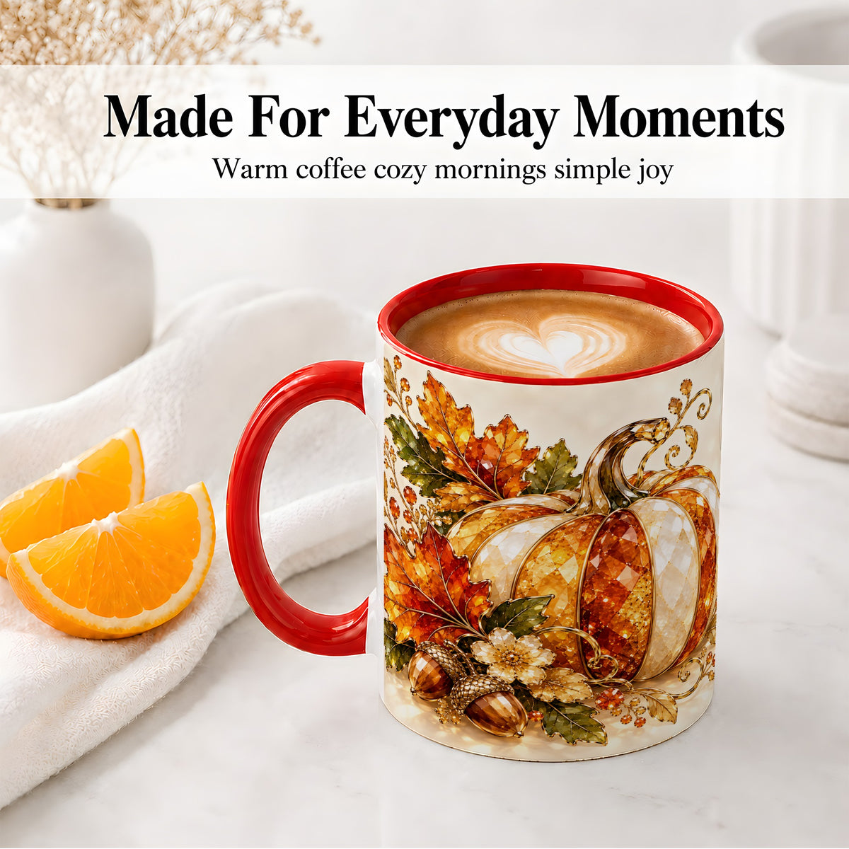#pl[11oz|Red] Jeweled Pumpkin Accent Mug, Maple Leaf and Acorn Fall Design