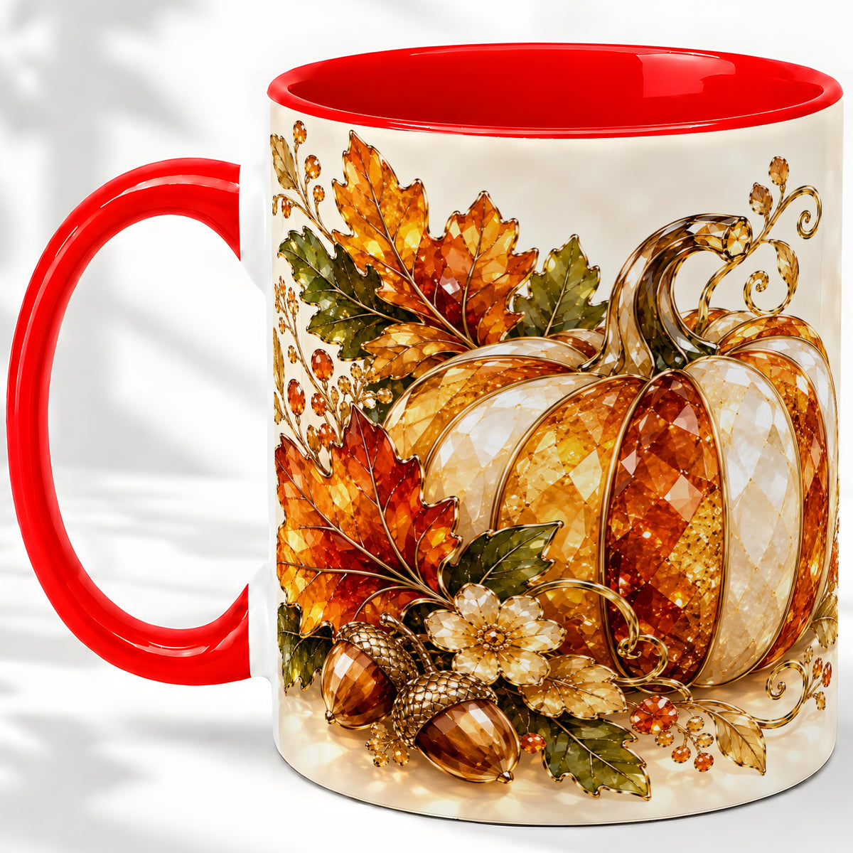 Jeweled Pumpkin Accent Mug, Maple Leaf and Acorn Fall Design