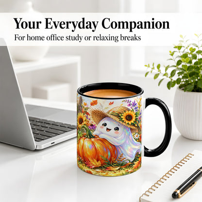 #pl[11oz|Black] Autumn Ghost Accent Mug, Pumpkin Sunflower Fall Garden Design