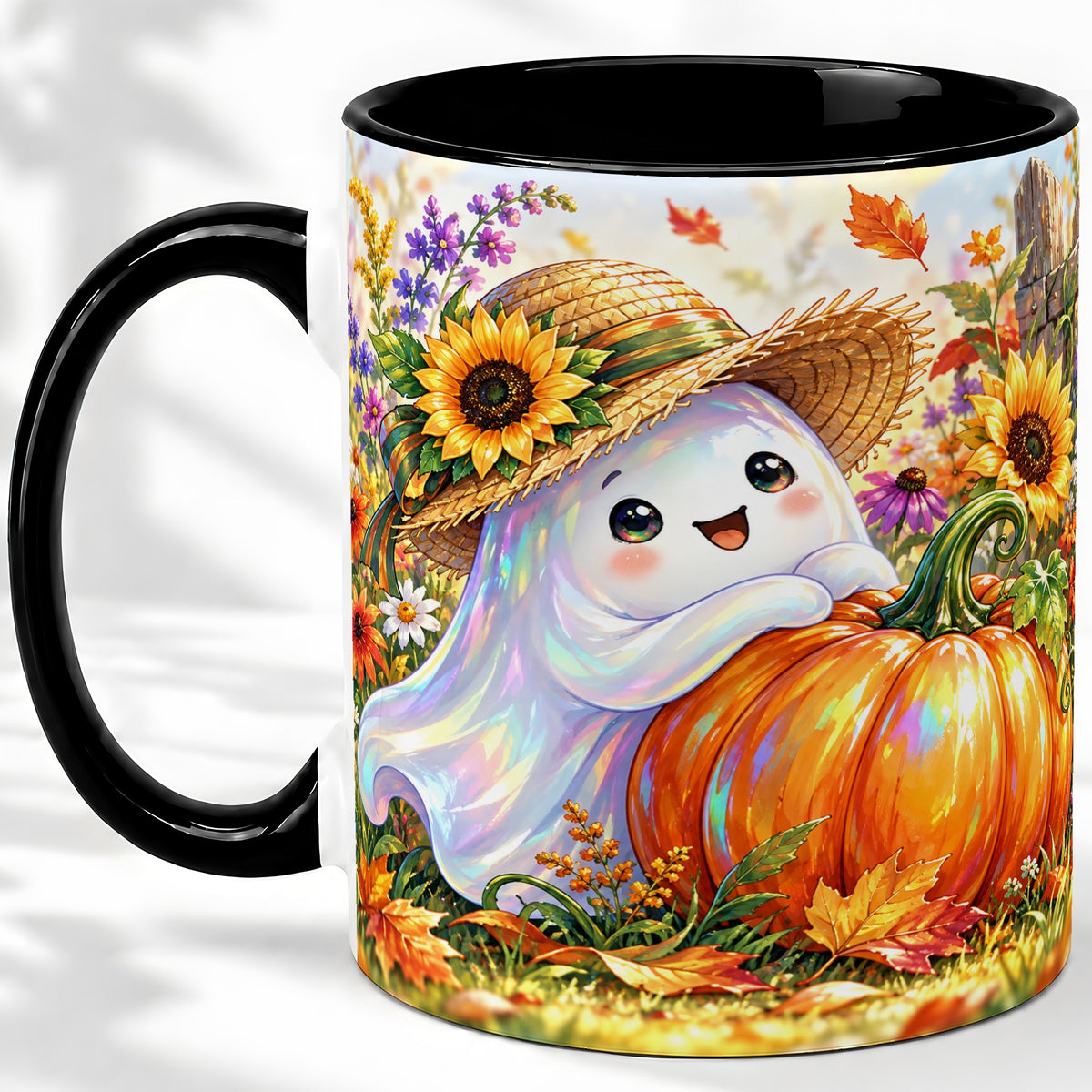 #pl[11oz|Black] Autumn Ghost Accent Mug, Pumpkin Sunflower Fall Garden Design
